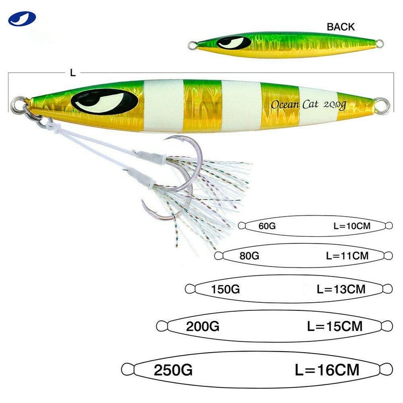OCEAN CAT Slow Pitch Jig Flat Fall Jigs Saltwater Fishing Jig Vertical Baits with Glow Jig Hooks 60g/80g/150g/200g/250g 240lb (#008: Blue&Silver, 150g) - Image 4
